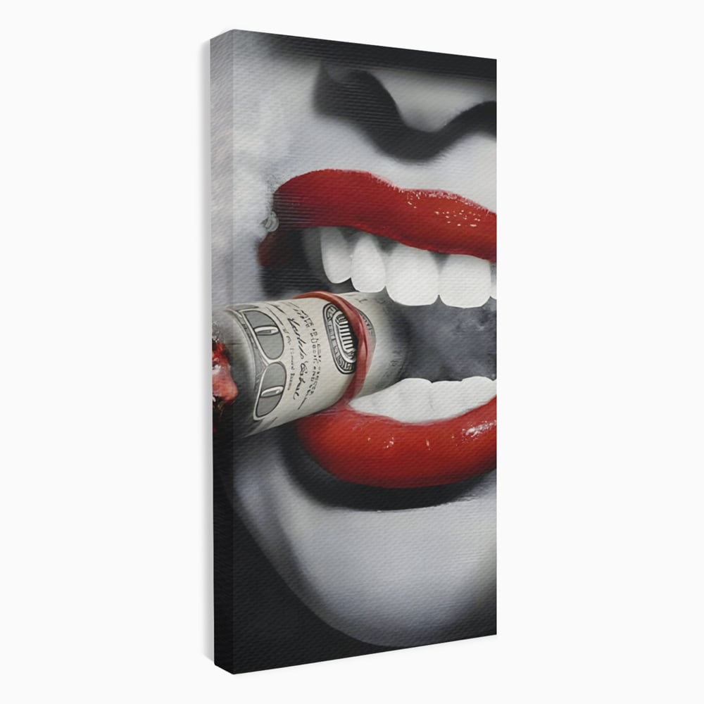 Tablou canvas cu tablou canvas cu buze rosii si bancnota, fara rama, pe sasiu de lemn